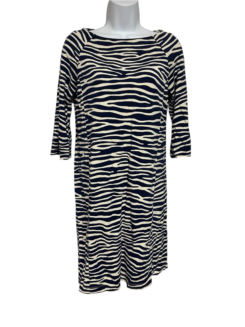 J. McLaughlin Navy Zebra Print 3/4 sleeve Boat Neck Midi Dress Size XS Animal